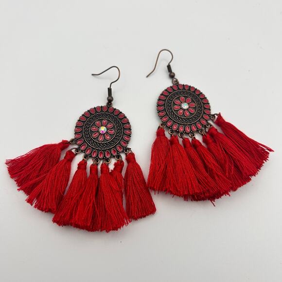 Handmade Red Boho Tassel Round Floral Pattern Hook Earrings - Picture 1 of 7